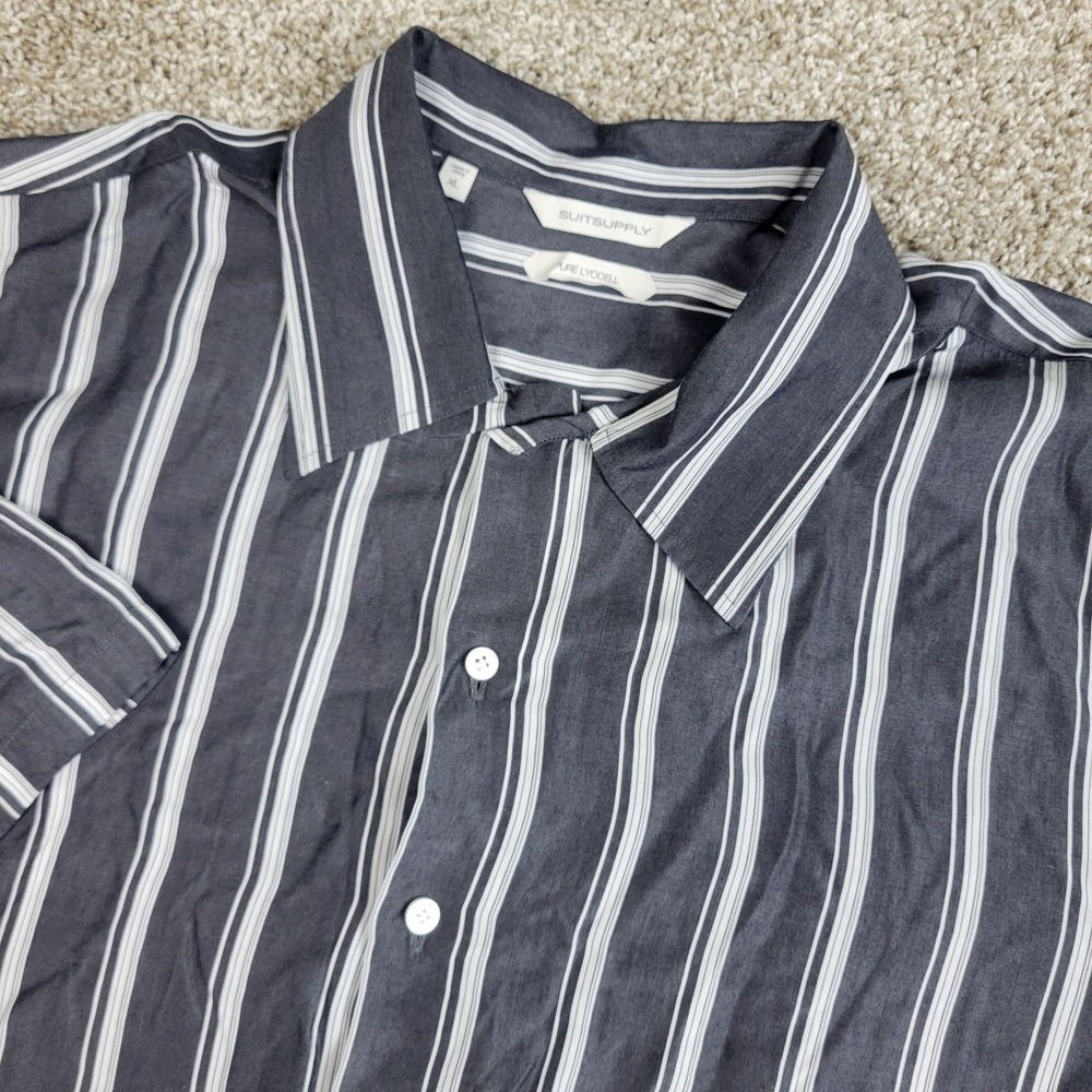 Suitsupply Pure Lyocell Mens XL Gray White Striped Button Up Short Sleeve